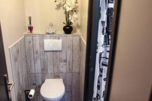 a bathroom with a toilet with a wooden wall at Cosy au coeur des 3 vallées in Argelès-Gazost