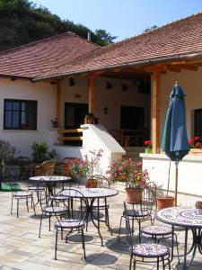 an outdoor patio with tables and chairs and an umbrella at Erzsébet Pince in Tokaj