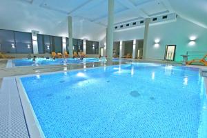 a large swimming pool with blue water in a building at Nowy Zdrój - Centrum Zdrowia i Wypoczynku in Polanica-Zdrój