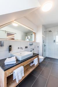 ein Badezimmer mit einem großen Waschbecken und einem WC in der Unterkunft Rührberger Hof Hotel & Restaurant Grenzach-Wyhlen bei Basel in Grenzach-Wyhlen