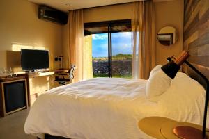 a bedroom with a bed and a large window at Casa Petrini in Tupungato