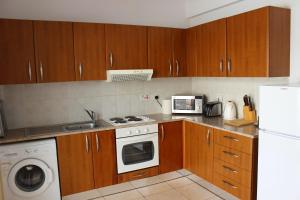 een keuken met houten kasten en een wit apparaat bij Diana Townhouse 2 in Paphos City