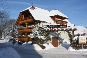 un edificio cubierto de nieve con un árbol delante en Cafe & Pension Carmen, en Brotterode
