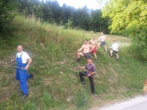 a group of men standing in the grass at SOSTANJ VELENJE RAVNE SOBE ROOMS Vrtacnik d o o in Šoštanj