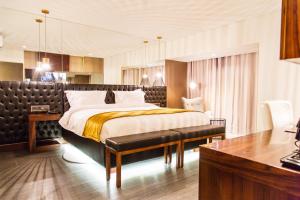 Grand Plaza Hotel Nampula في نامبولا: غرفة نوم بسرير ومكتب في غرفة