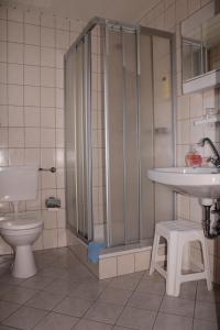 a bathroom with a shower and a toilet and a sink at Landgasthof Rademacher in Finnentrop