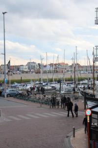 a group of people walking around a marina with boats at De Branding in Blankenberge