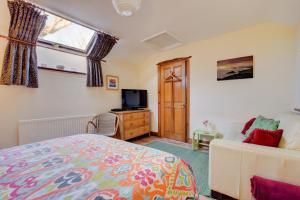 a bedroom with a bed and a tv and a window at Ty Solfach in Solva