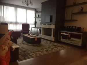 sala de estar con sofá y chimenea en Apto lindo e novo no centro Gramado, en Gramado