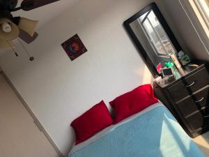 Schlafzimmer mit einem Bett mit roten Kissen und einem Spiegel in der Unterkunft Eclipse in Guadalajara