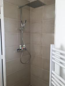 a shower with a shower head in a bathroom at Villa L'Amiraute in Agde
