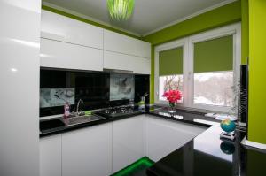 a kitchen with white cabinets and green walls at 17 Apartment in Bucharest