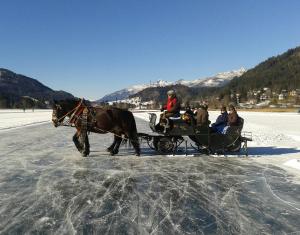 Koń ciągnięty powozem z ludźmi na lodzie w obiekcie Gästehaus Nemast w mieście Weissensee