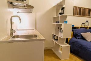 une petite cuisine avec un évier et un lit dans l'établissement Studio Gare Metz Côté Cour, à Metz