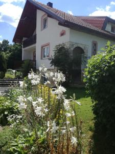 a garden with white flowers in front of a house at Apartman Jasmin in Čatrnja