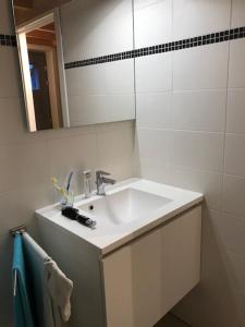 a bathroom with a white sink and a mirror at Zeepark Mercator in Molenwijk +8 photos