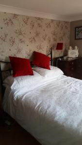 a bedroom with a white bed with red pillows at Mountain Ash in Horncastle