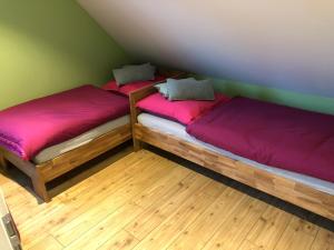 プレローにあるFerienhaus Bartiの緑の壁とウッドフロアの客室で、ベッド2台が備わります。
