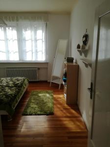 a bedroom with a bed and a rug on a wooden floor at Home sweet Home in Homburg
