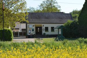 a white house with yellow flowers in front of it at Gaststätte "Zum Fährmann" in Walternienburg