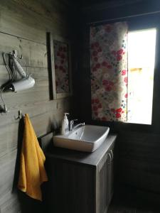 een badkamer met een wastafel en een raam bij Rozītes in Cesvaine