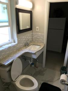 a bathroom with a toilet and a sink and a mirror at Apollo Inn - Cocoa in Cocoa