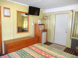 1 dormitorio con 1 cama, vestidor y TV en Pine Ridge Motel, en Dodgeville