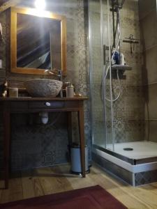 La salle de bains est pourvue d'un lavabo et d'une douche. dans l'établissement chambres et table d'hôtes du Péré, à Boussenac