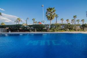 ein großer blauer Pool mit Palmen im Hintergrund in der Unterkunft VB Benalmádena 1 BR waterfront apt in Benalmádena