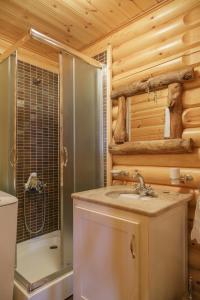 a bathroom with a shower and a sink and a tub at Paradise Chalet in Ano Trikala