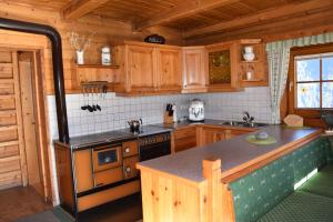 a kitchen with wooden cabinets and a counter top at Untere Roner Kasa in Mörtschach