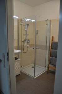 a shower with a glass door in a bathroom at Am Neuen Hafen in Bremerhaven +17 photos