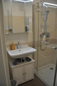 a bathroom with a sink and a shower at Am Neuen Hafen in Bremerhaven