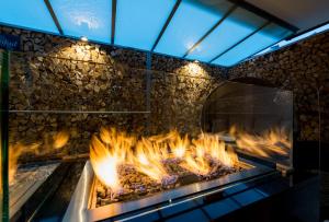 a grill with a bunch of fire in it at Wellness & Ayurveda Hotel Am Eichenberg in Bad Harzburg
