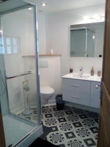 a bathroom with a shower and a toilet and a sink at Beatrice in Ver-sur-Mer
