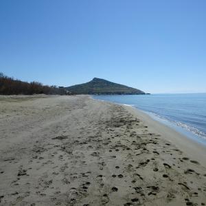 an empty beach with a mountain in the background at Alex Studios Tinos in Tinos