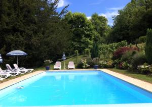 a swimming pool with two chairs and an umbrella at Château de Beaulieu in Saumur