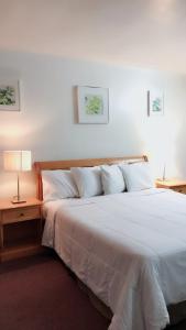 una camera da letto con un grande letto bianco e un comodino di City Center Hotel Los Angeles a Los Angeles
