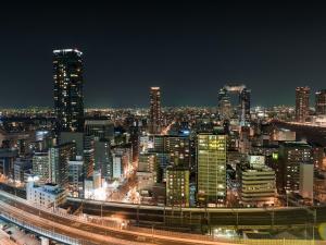 vista de uma cidade à noite com em Hotel Hanshin Osaka em Osaka