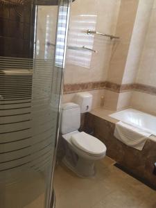 a bathroom with a toilet and a shower and a tub at Seasons Riverside Hotel in Vientiane
