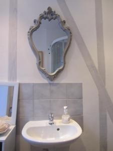 a bathroom with a sink and a mirror on the wall at La Maison de Natasha in Castillon-en-Couserans +33 photos