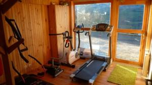 Habitación con gimnasio con cinta de correr y ventana en Naturessime Eco Village&Spa, en Cheylade