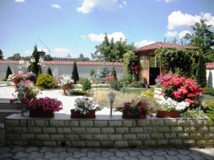 a garden with flowers in pots on a brick wall at Edem Hotel in Chişinău