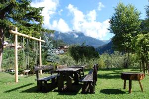 - une table de pique-nique et des chaises dans un champ avec des montagnes dans l'établissement Appartamenti Casari, à Pozza di Fassa