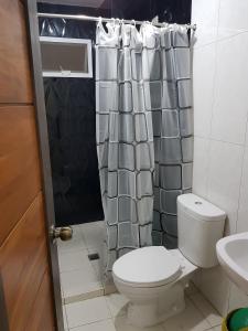 a bathroom with a toilet and a shower curtain at Entire flat 3rd floor in Lasip Chico