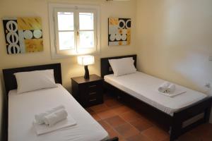 two twin beds in a room with a window at Villa Basta in Vasilikos