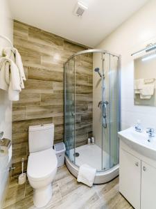 a bathroom with a shower and a toilet and a sink at Riga Airport Jurmala apartments in Rīga