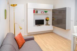 a living room with a couch and a tv at Niguarda & Bicocca Flat in Milan