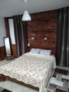 クリスティアンにあるstudio Cristian-Brasovの木製の壁のベッドルーム1室(ベッド1台付)
