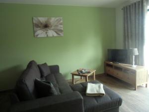 sala de estar con sofá y TV en FeWo am Bogen-Biwak en Groß Wasserburg